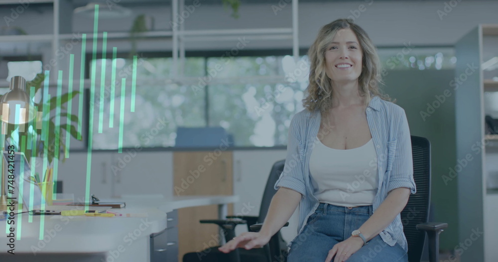Image of financial data processing over diverse business people in office Image of financial data processing over diverse business people in office
