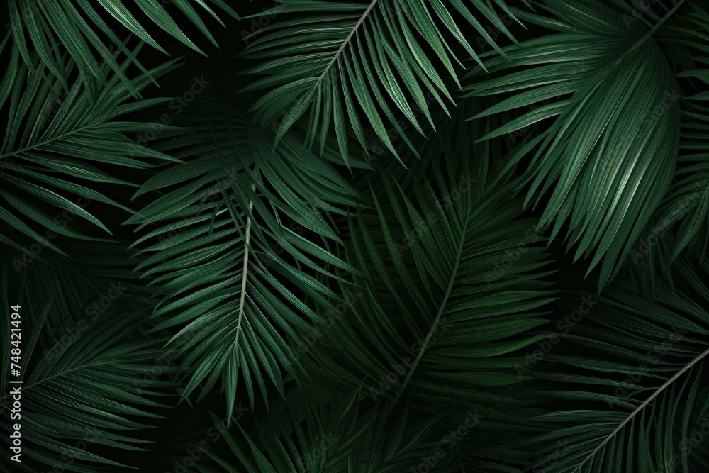 Broad Palm leaves tropical. Dark forest. Generate Ai