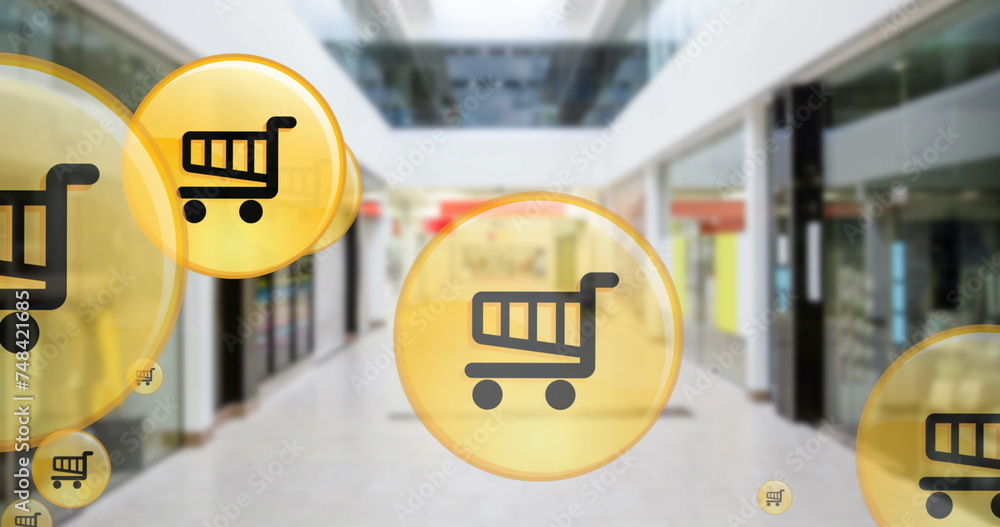 Image of shopping icons over shop Image of shopping icons over shop