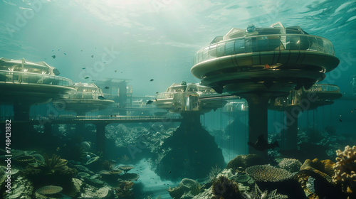 A futuristic underwater cityscape with advanced architecture and marine life realistic stock photography