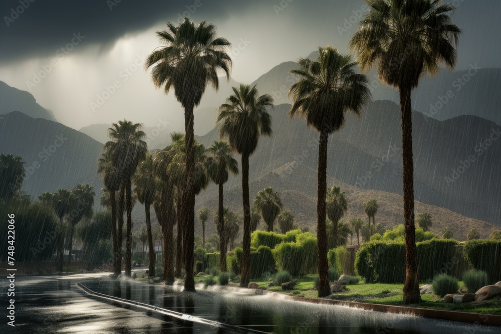 Majestic Tropical palm on mountain in rainy weather. Exotic natural tree on dark rain clouds view. Generate ai