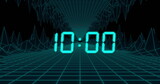Image of blue digital clock timer changing over metaverse on black background