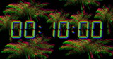 Image of blue digital clock timer changing over palm trees on black background