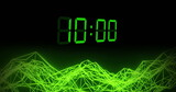Image of green digital clock timer changing over networks of connections on black background
