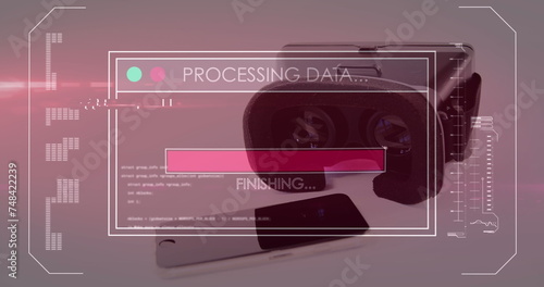 Image of data processing on screen over vr headset