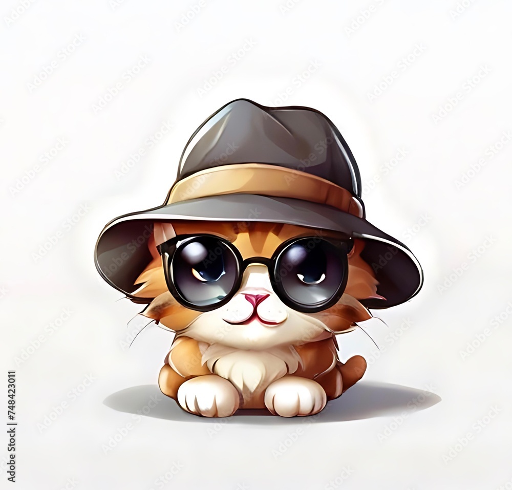 A cute cat using a detective hat and sunglasses - kawaii character - AI joint task