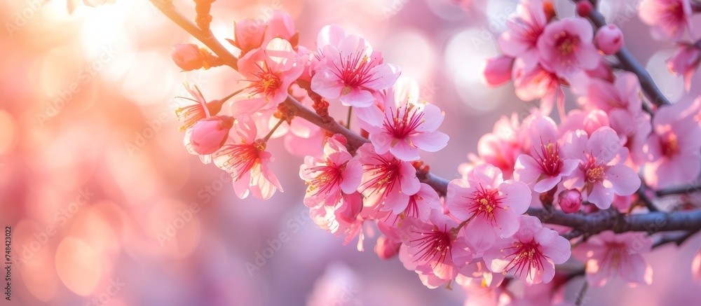 Beautiful pink cherry blossoms on delicate branch in bloom under spring sunlight