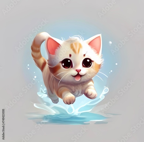 A cute cat playing in the water - smiling - kawaii character - AI joint task