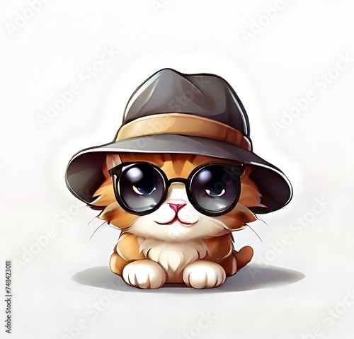 A cute cat using a detective hat and sunglasses - kawaii character - AI joint task