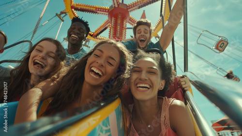 A group of friends enjoying a laughter-filled day at a vibrant and energetic amusement park realistic stock photography