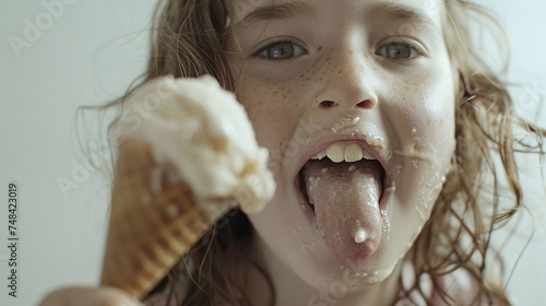 Girl playfully sticking out her tongue to catch a melting drip of ice cream, with a mischievous smile on her face, against a clean white backdrop, generative AI