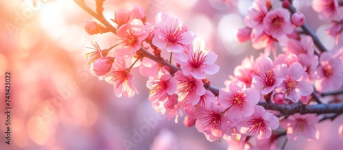 Beautiful pink cherry blossoms on delicate branch in bloom under spring sunlight