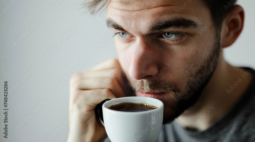 A man drinking hot coffee against white background, generative AI A man drinking hot coffee against white background, generative AI