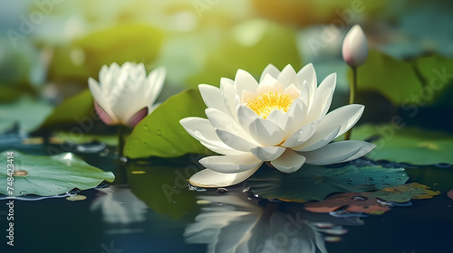 Beautiful water lilies floating in tranquil pond wallpaper background