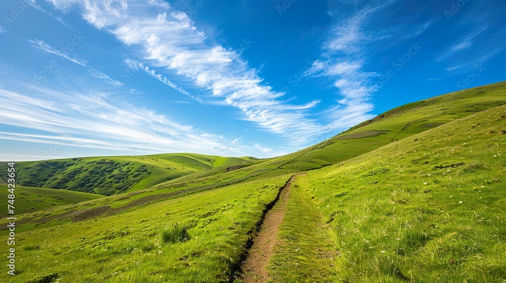 Trail among the green hills, blue sky 