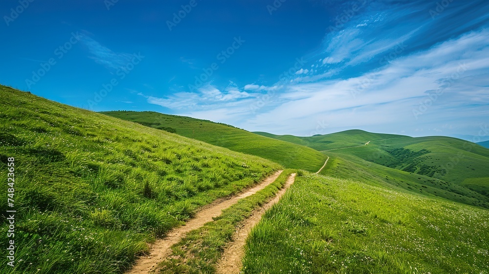 Obraz premium Trail among the green hills, blue sky 