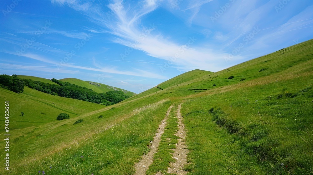 Trail among the green hills, blue sky 