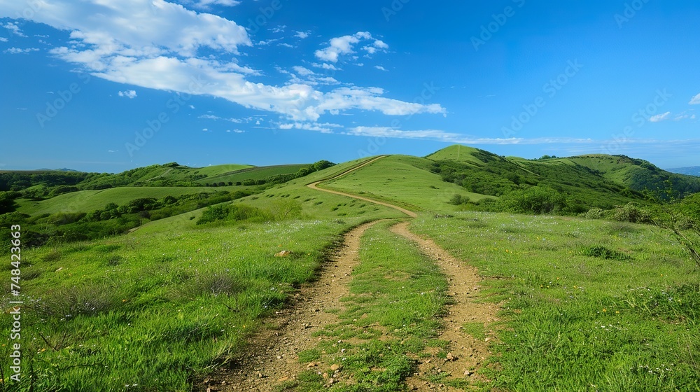 Trail among the green hills, blue sky 