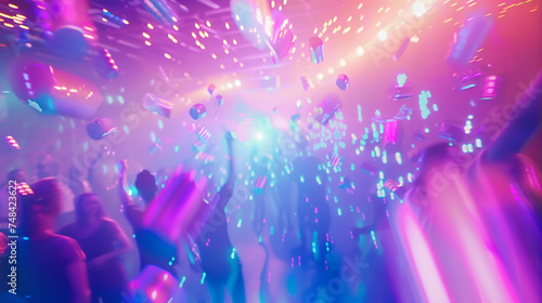 A high-energy and colorful dance party with people moving to the rhythm of the music. realistic stock photography