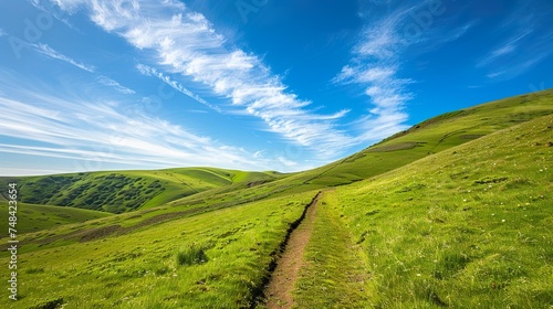 Trail among the green hills  blue sky 