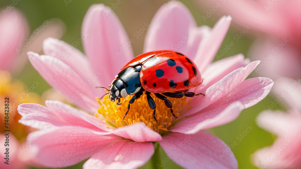 A beautiful red ladybug perched gracefully on a delicate pink flower, its tiny wings glistening in the morning sun A beautiful red ladybug perched gracefully on a delicate pink flower, its tiny wings glistening in the morning sun