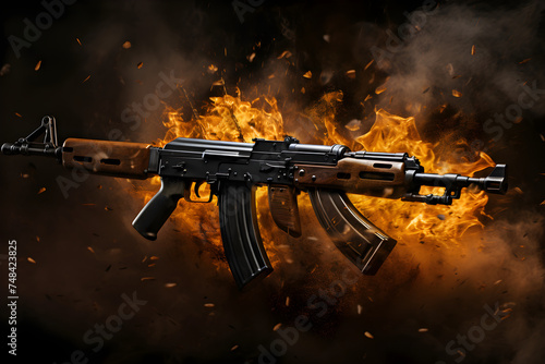 Dramatic depiction of AK 47 in action - A vivid manifestation of raw power and precision