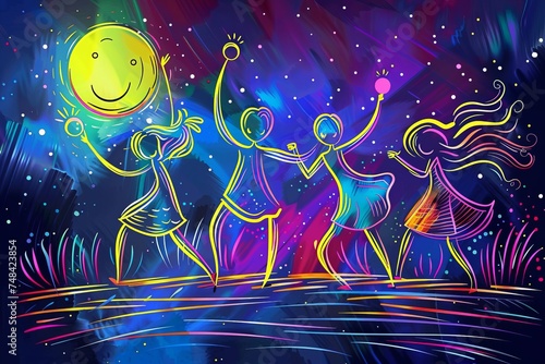 Cartoon cute doodles of friends having a dance party under the moonlight, with glow sticks and upbeat music, Generative AI