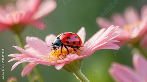 A beautiful red ladybug perched gracefully on a delicate pink flower, its tiny wings glistening in the morning sun