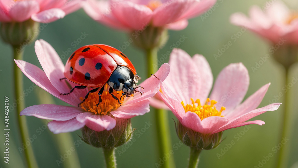 A beautiful red ladybug perched gracefully on a delicate pink flower, its tiny wings glistening in the morning sun A beautiful red ladybug perched gracefully on a delicate pink flower, its tiny wings glistening in the morning sun
