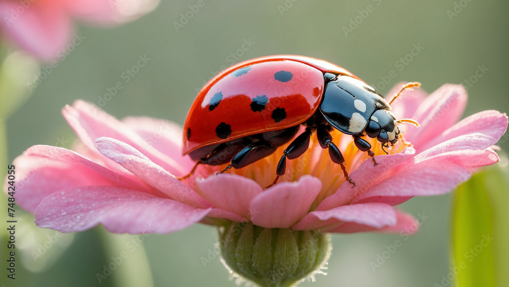 A beautiful red ladybug perched gracefully on a delicate pink flower, its tiny wings glistening in the morning sun A beautiful red ladybug perched gracefully on a delicate pink flower, its tiny wings glistening in the morning sun