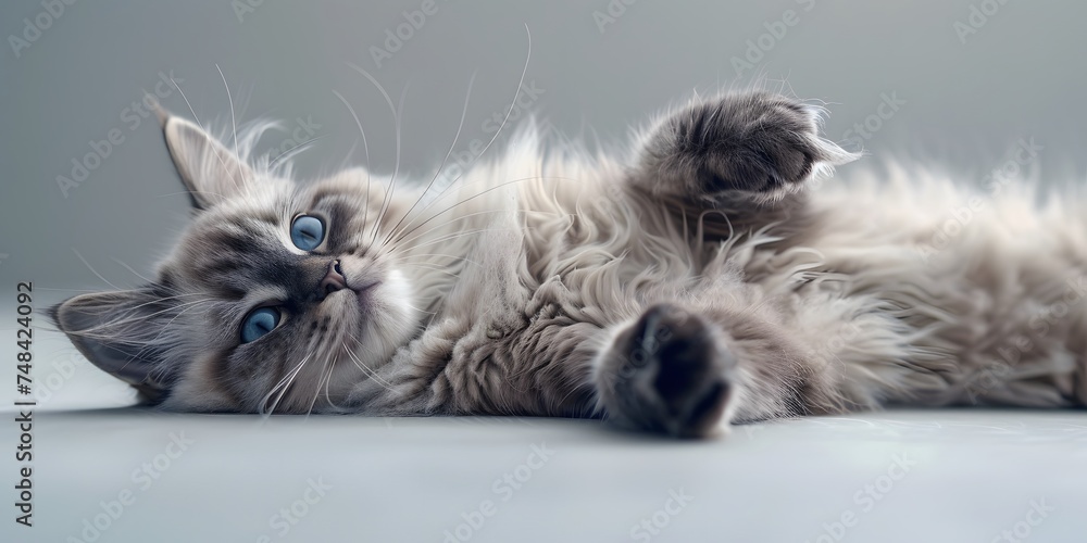 Ragdoll cat lying on its side, light gray background, full body shot, soft light Ragdoll cat lying on its side, light gray background, full body shot, soft light