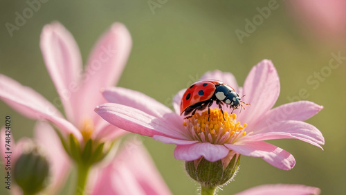A beautiful red ladybug perched gracefully on a delicate pink flower, its tiny wings glistening in the morning sun