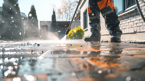 Man Pressure Washing Sidewalk of a House on a Beautiful Day photo