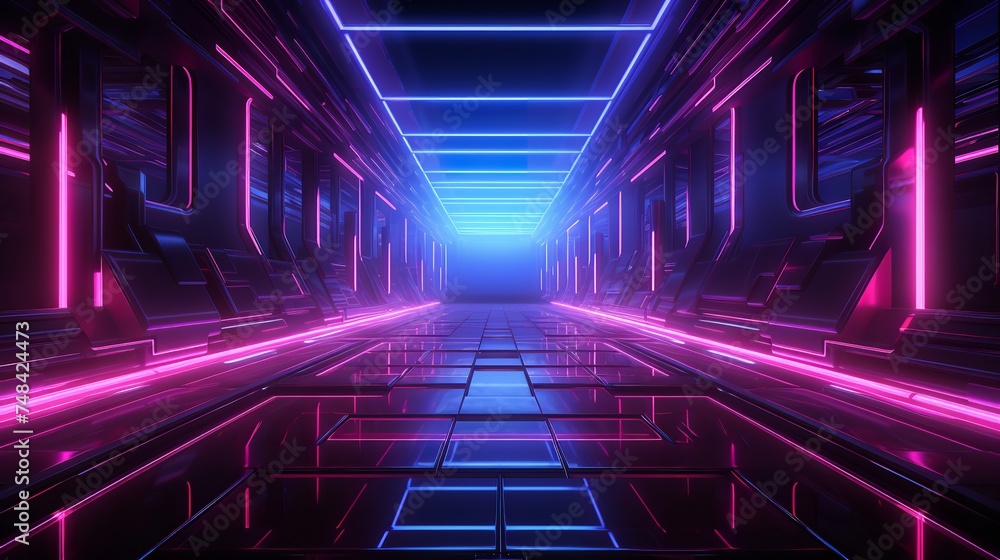 This digital art depicts an abstract futuristic corridor with blue and purple neon lights. The corridor is long and narrow, and the neon lights create a sense of movement and excitement. - obrazy, fototapety, plakaty 