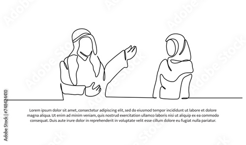 Vector illustration of a man in turban educates children. Modern flat in continuous line style.
