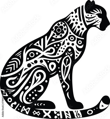 jaguar, cheetah, and wildcat animal silhouette in ethnic tribal tattoos

