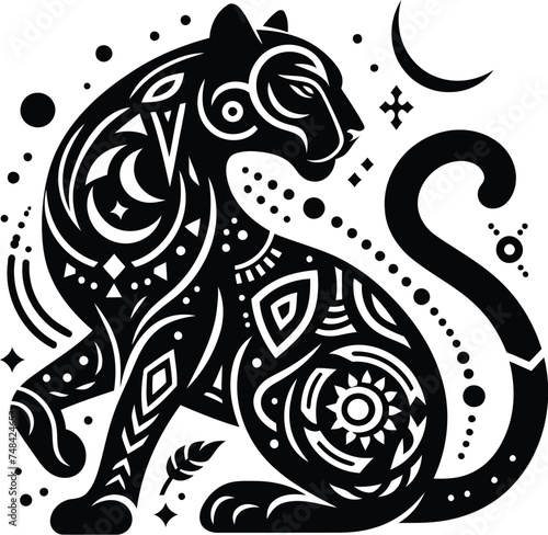 panther, puma, and wildcat animal silhouette in ethnic tribal tattoos

