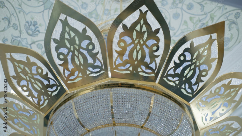 Interior design of mosque with carved walls and blue and white flowers on the ceiling. Scene. Concept of religion and architecture.