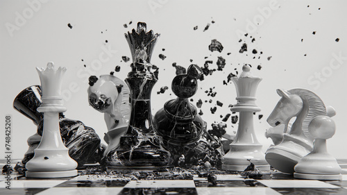 Black and white marble chess battle, Chess victory king game, Checkmate strategy competition and battle of chess game concept and water splashes in 3D photo