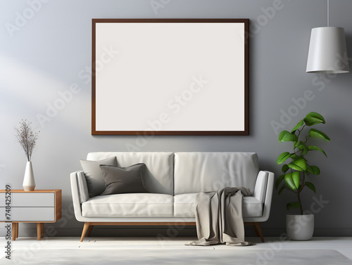 Empty picture frame simulation wall Modern living room design, with elegant decorations. © Gassenee