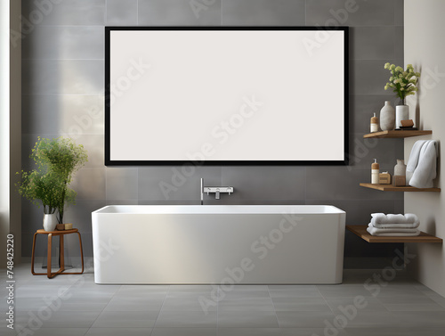 Modern bathroom interior with blank poster on bathtub wall, decorative design suitable for luxury bathroom.