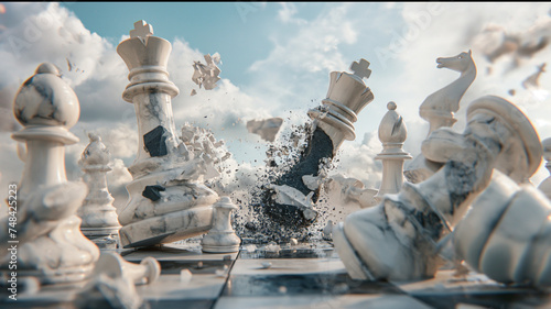 white marble chess breaking from destroy with sky view on chess board