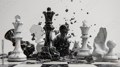 Black and white marble chess battle, Chess victory king game, Checkmate strategy competition and battle of chess game concept and water splashes in 3D white background