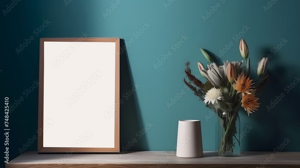 Mockup of empty photo frame on blue wall decorated with flowers and vases
Mockup of empty photo frame on blue wall decorated with flowers and vases