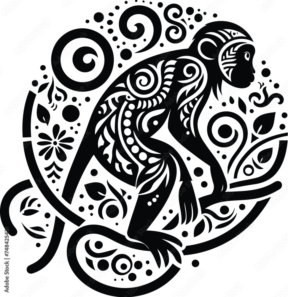 monkey animal silhouette in ethnic tribal tattoo, monkey animal silhouette in ethnic tribal tattoo,