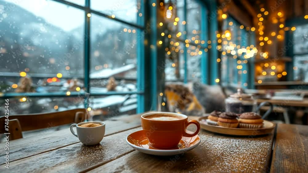 Cup of coffee with bread on the table. Seamless looping time-lapse 4k video animation background Cup of coffee with bread on the table. Seamless looping time-lapse 4k video animation background