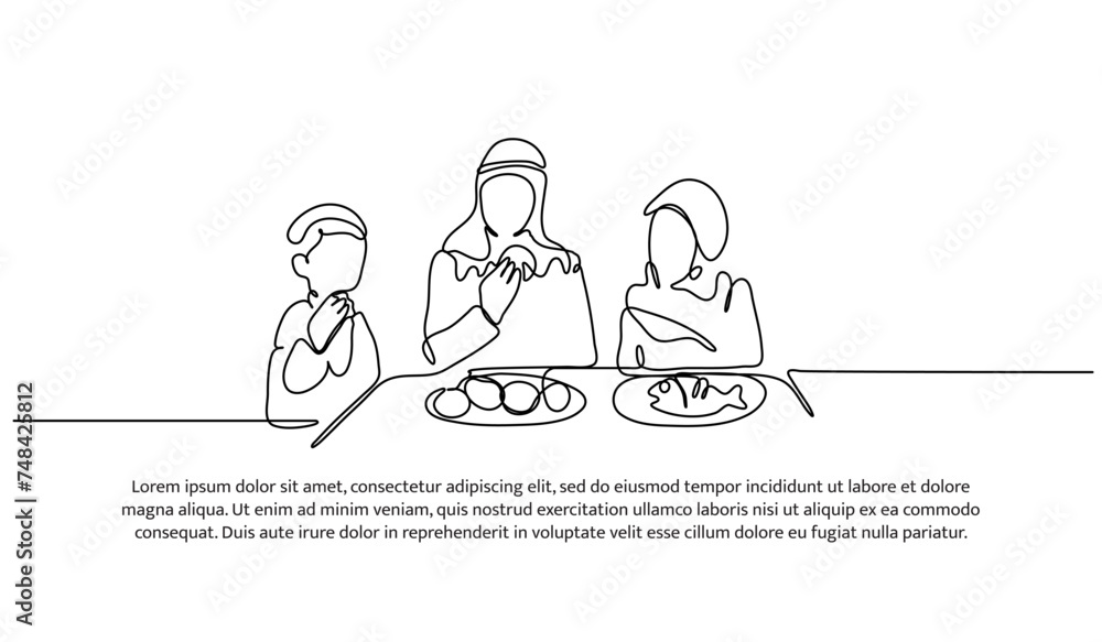 Vector illustration of muslim family eating together. Modern flat in continuous line style.
