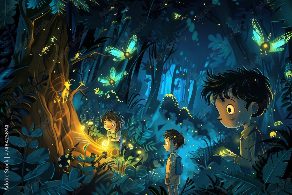 Cartoon cute doodles of kids having a nighttime adventure, exploring a mysterious forest with glow-in-the-dark creatures, Generative AI
