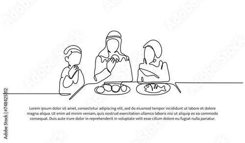 Vector illustration of muslim family eating together. Modern flat in continuous line style.