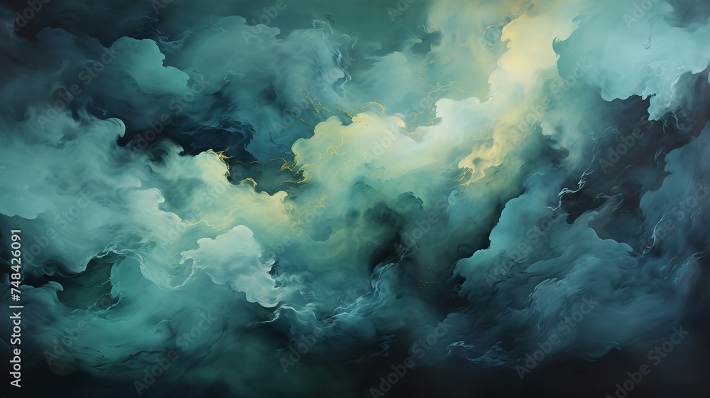 This abstract painting depicts clouds in the sky with smoke coming out of them. The clouds are white and puffy, and the smoke is black and wispy.